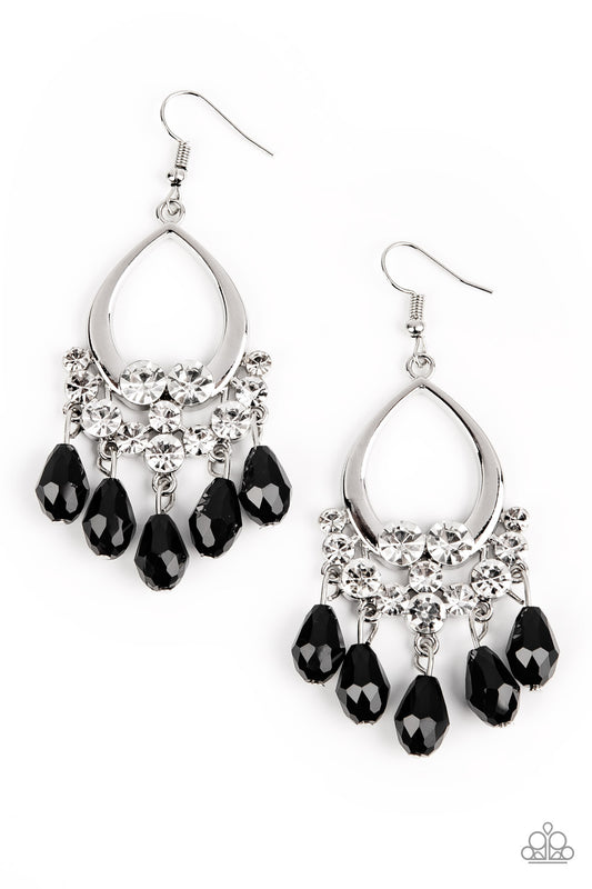 Faceted black teardrop gems cascade from a collection of bubbly white rhinestones at the bottom of a shiny silver teardrop frame, creating a glamorous fringe. Earring attaches to a standard fishhook fitting.  Sold as one pair of earrings.